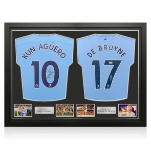 Sergio Aguero And Kevin De Bruyne Signed Manchester City Football Shirts. Dual Frame