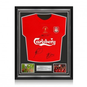 Steven Gerrard, Xabi Alonso & Vladimir Smicer Signed Liverpool 2005 Football Shirt. Superior Frame
