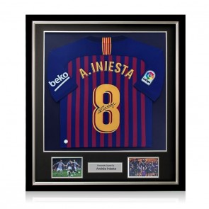  Andres Iniesta Signed Barcelona 2018-19 Football Shirt. Deluxe Frame