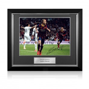 Andres Iniesta Signed Barcelona Football Photo: El Clasico. Deluxe Frame