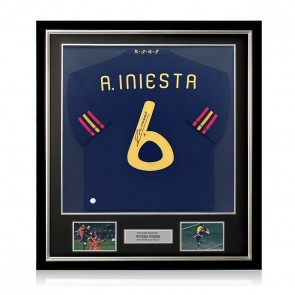Andres Iniesta Signed Spain 2010-11 Away Football Shirt. Deluxe Frame