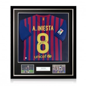 Andres Iniesta Signed Barcelona 2011-12 Football Shirt. Deluxe Frame