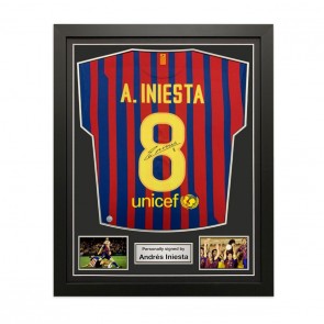 Andres Iniesta Signed Barcelona 2011-12 Football Shirt. Standard Frame