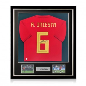 Andres Iniesta Signed Spain 2018 Football Shirt. Deluxe Frame