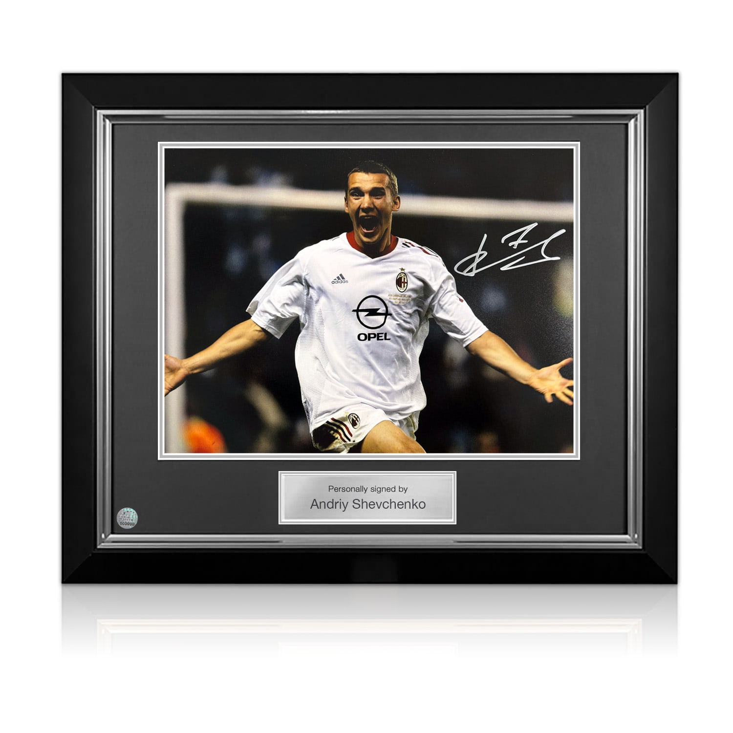 Andriy Shevchenko Signed AC Milan Football Photo: Winning Penalty. Deluxe Frame
