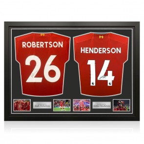 Andy Robertson & Jordan Henderson Signed 2019-20 Liverpool Football Shirts. Dual Frame