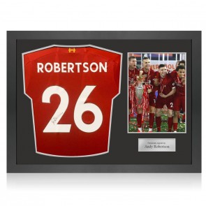 Andy Robertson Signed 2019-20 Liverpool Football Shirt. Icon Frame