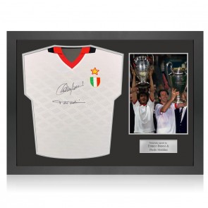 Franco Baresi & Paolo Maldini Signed AC Milan 1994 European Cup Final Football Shirt. Icon Frame