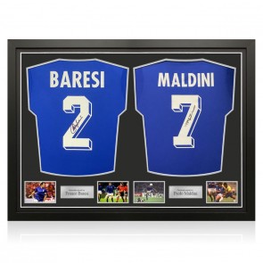 Paolo Maldini And Franco Baresi Signed 1990 Italy Football Shirts. Dual Framed