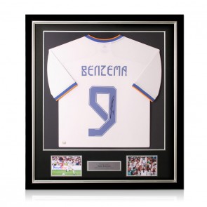 Karim Benzema Signed Real Madrid 2021-22 Football Shirt. Deluxe Frame