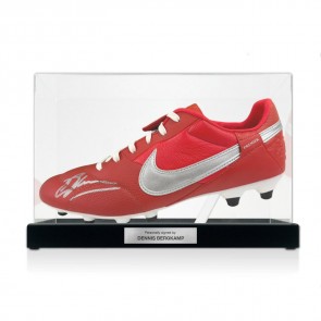 Dennis Bergkamp Signed Red Football Boot. Display Case With Plaque