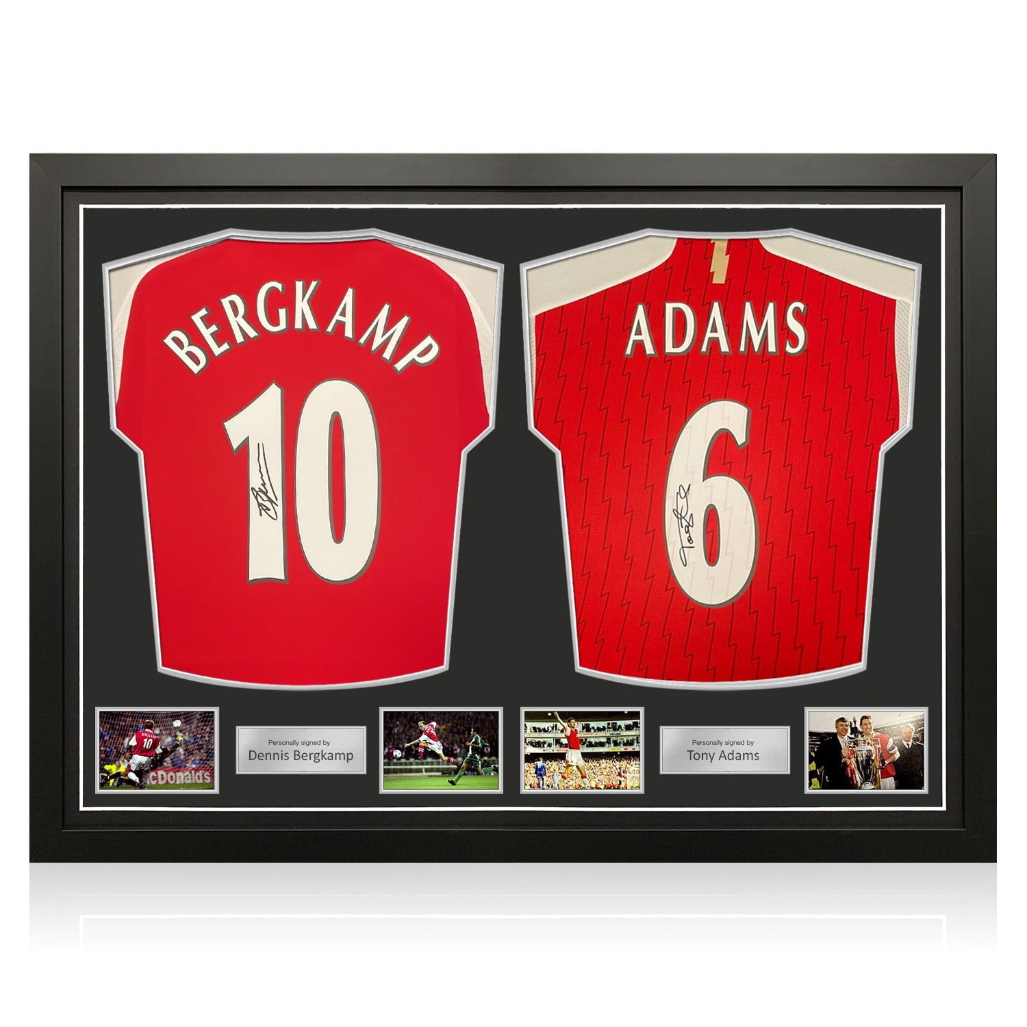 Dennis Bergkamp & Tony Adams Signed Arsenal Football Shirts. Dual Frame