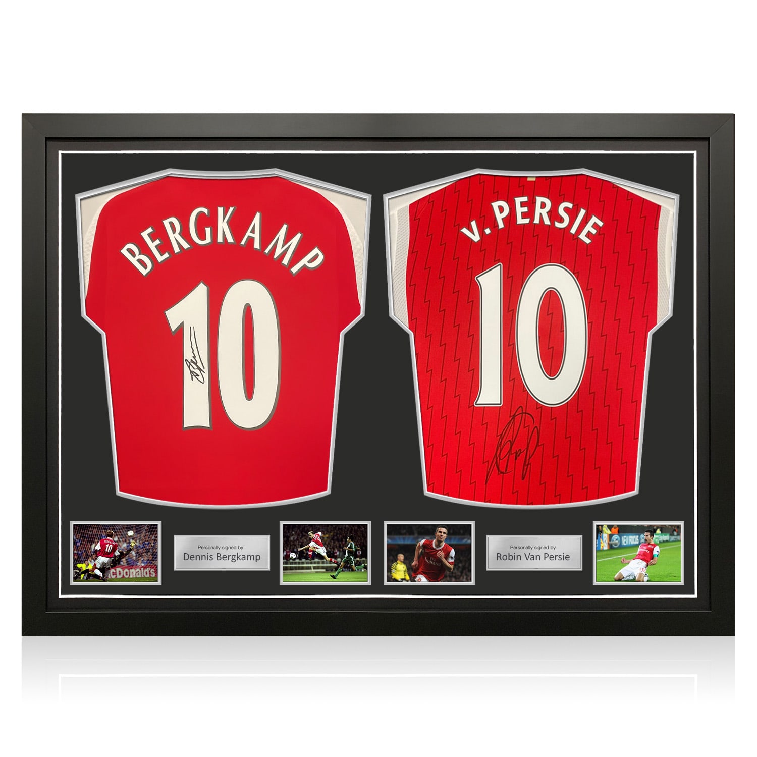 Dennis Bergkamp & Robin Van Persie Signed Arsenal Football Shirts. Dual Frame
