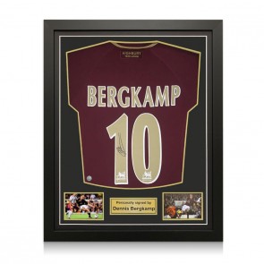 Dennis Bergkamp Signed Arsenal Commemorative Highbury Polo Shirt. Standard Frame