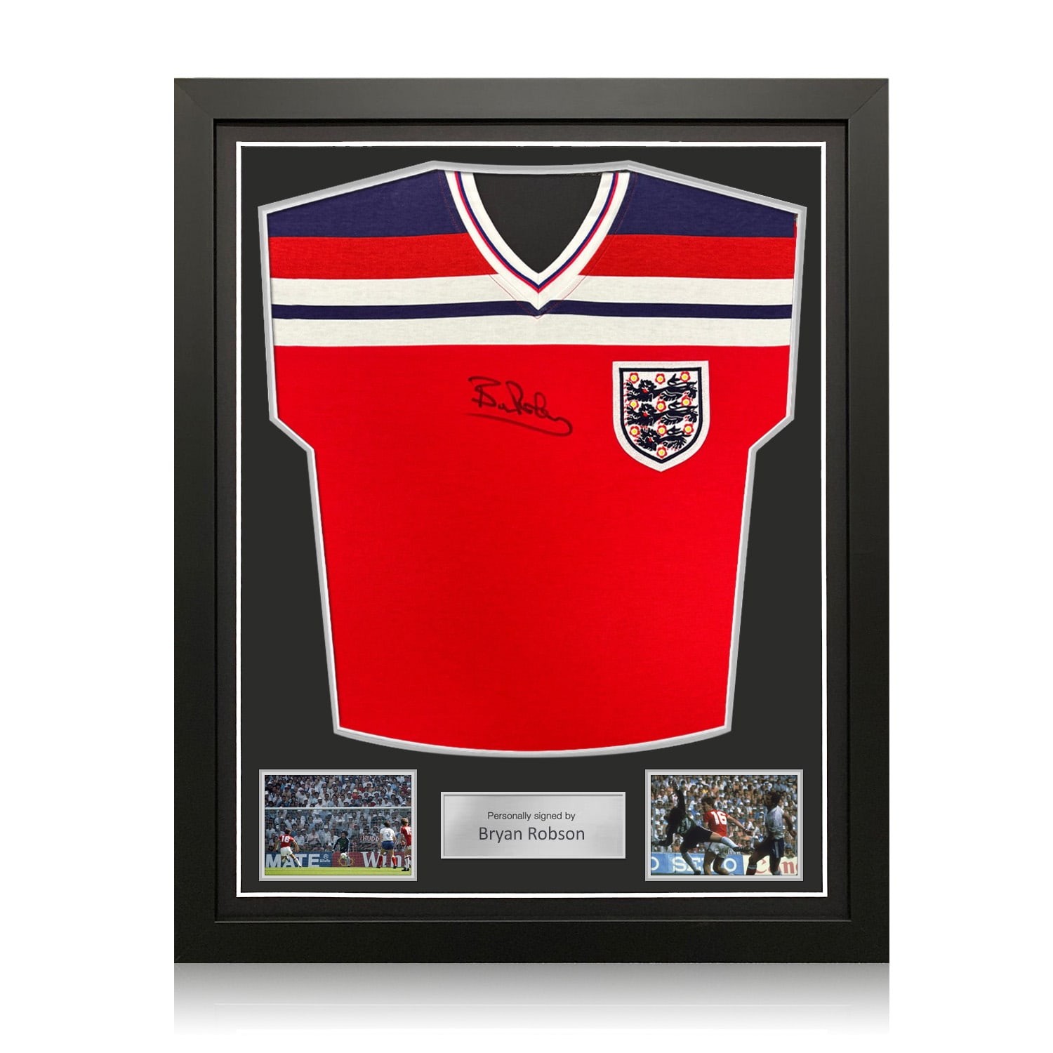 Bryan Robson Signed England 1982 Away Football Shirt. Standard Frame