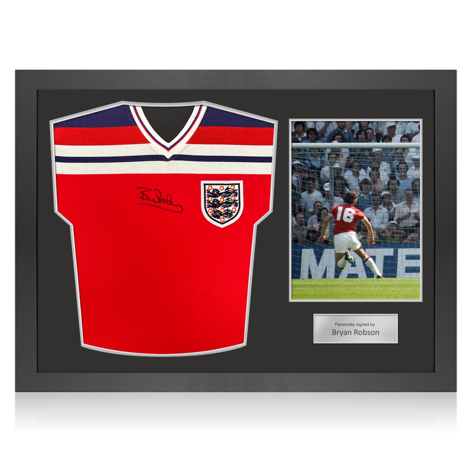 Bryan Robson Signed England 1982 Away Football Shirt. Icon Frame