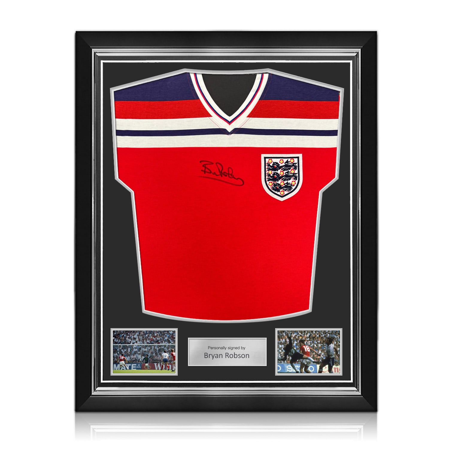 Bryan Robson Signed England 1982 Away Football Shirt. Superior Frame