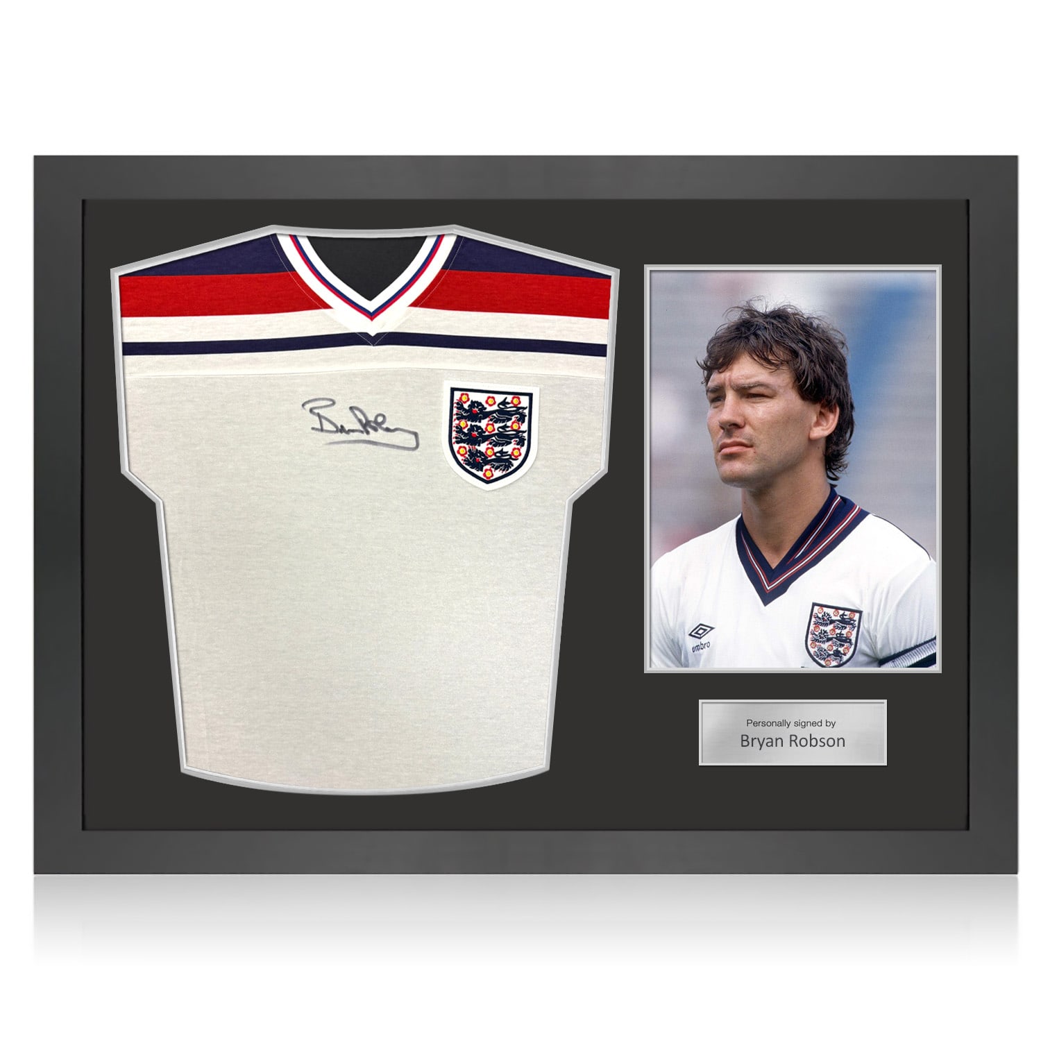 Bryan Robson Signed England 1982 Home Football Shirt. Icon Frame