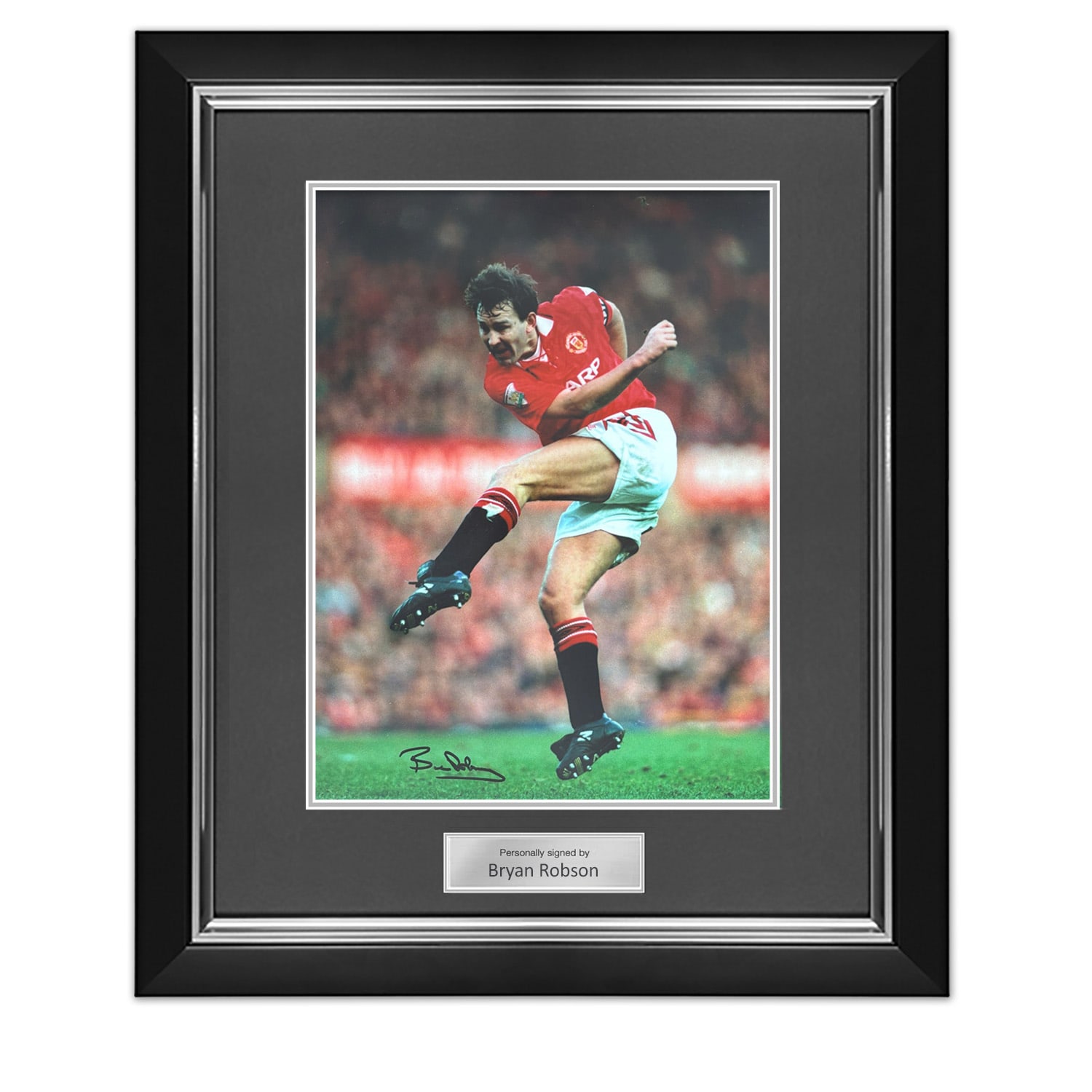 Bryan Robson Signed Manchester United Football Photo: Captain Marvel. Deluxe Frame