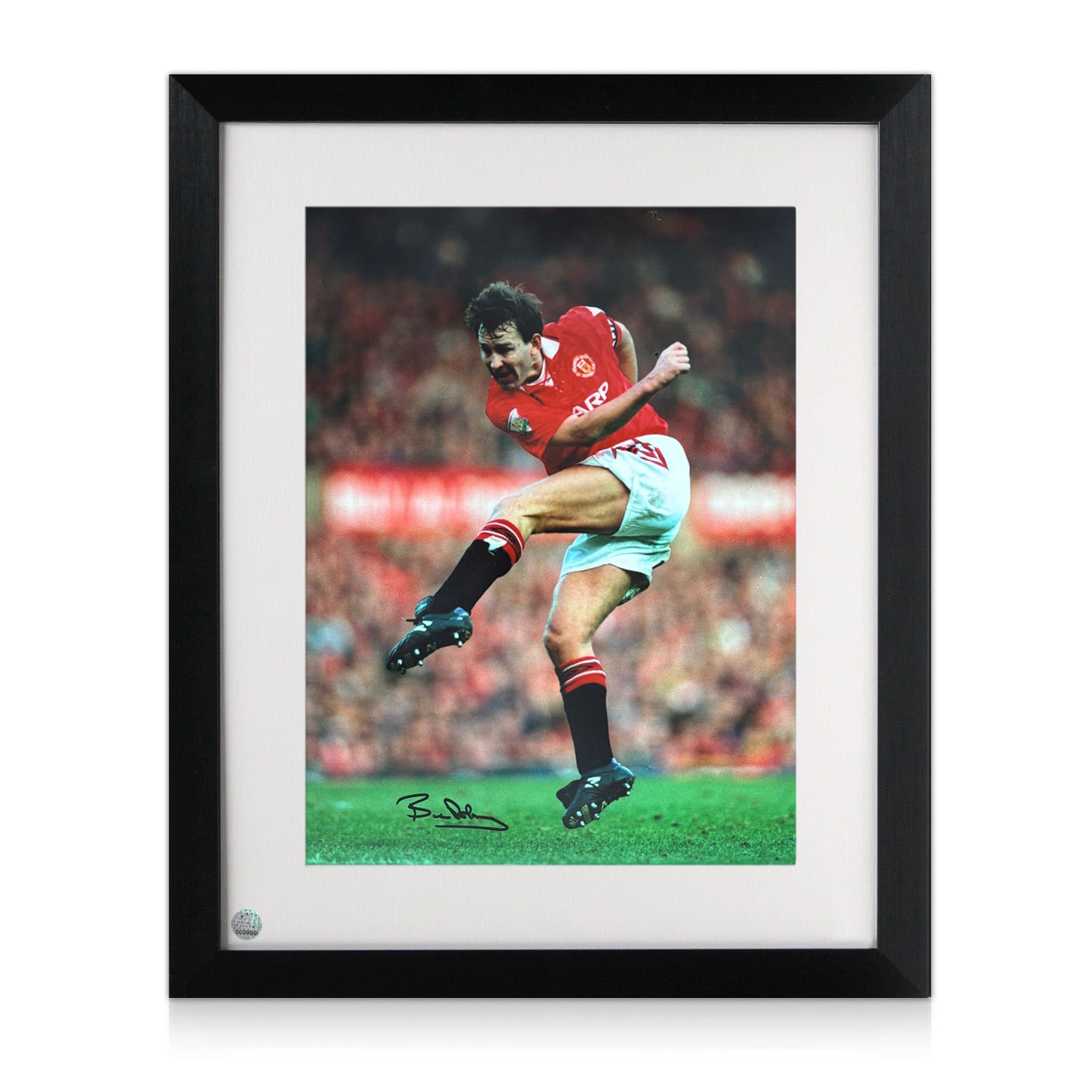 Bryan Robson Signed Manchester United Football Photo: Captain Marvel. Framed