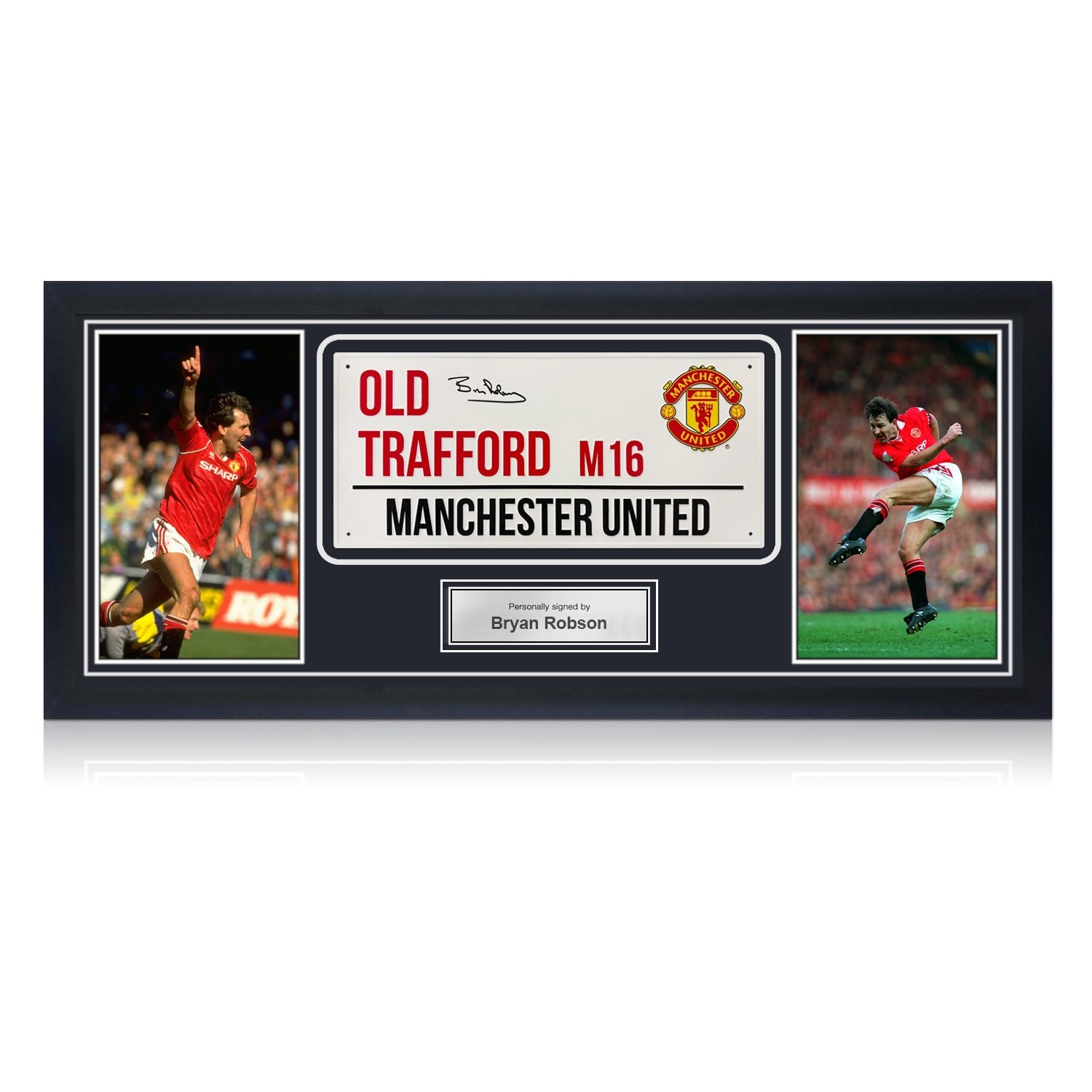Bryan Robson Signed Manchester United Street Sign. Framed