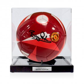 Bryan Robson Signed Manchester United Football. Display Case With Plaque