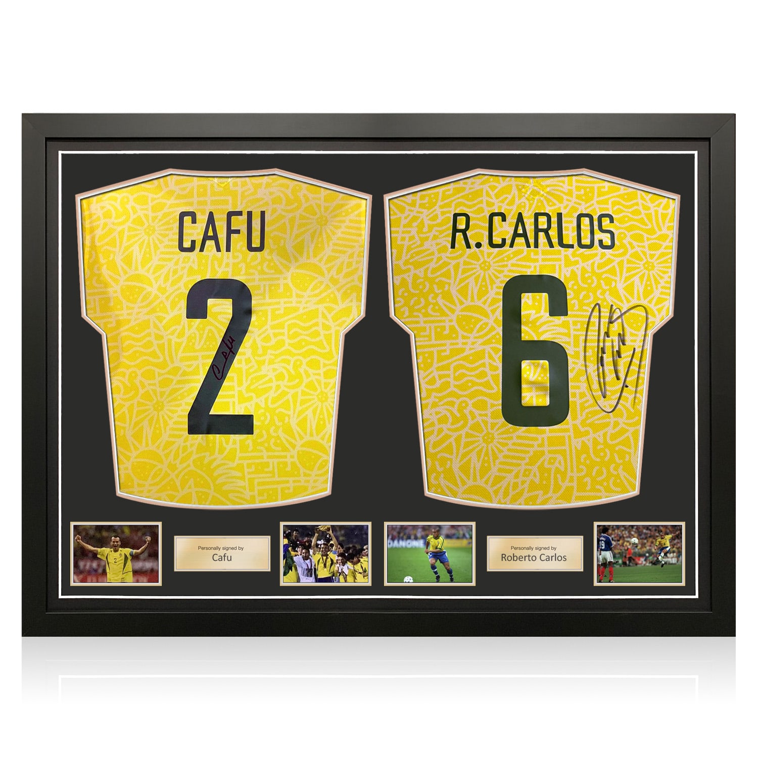Cafu and Roberto Carlos Signed Brazil 2024 Football Shirts. Gold Dual Frame