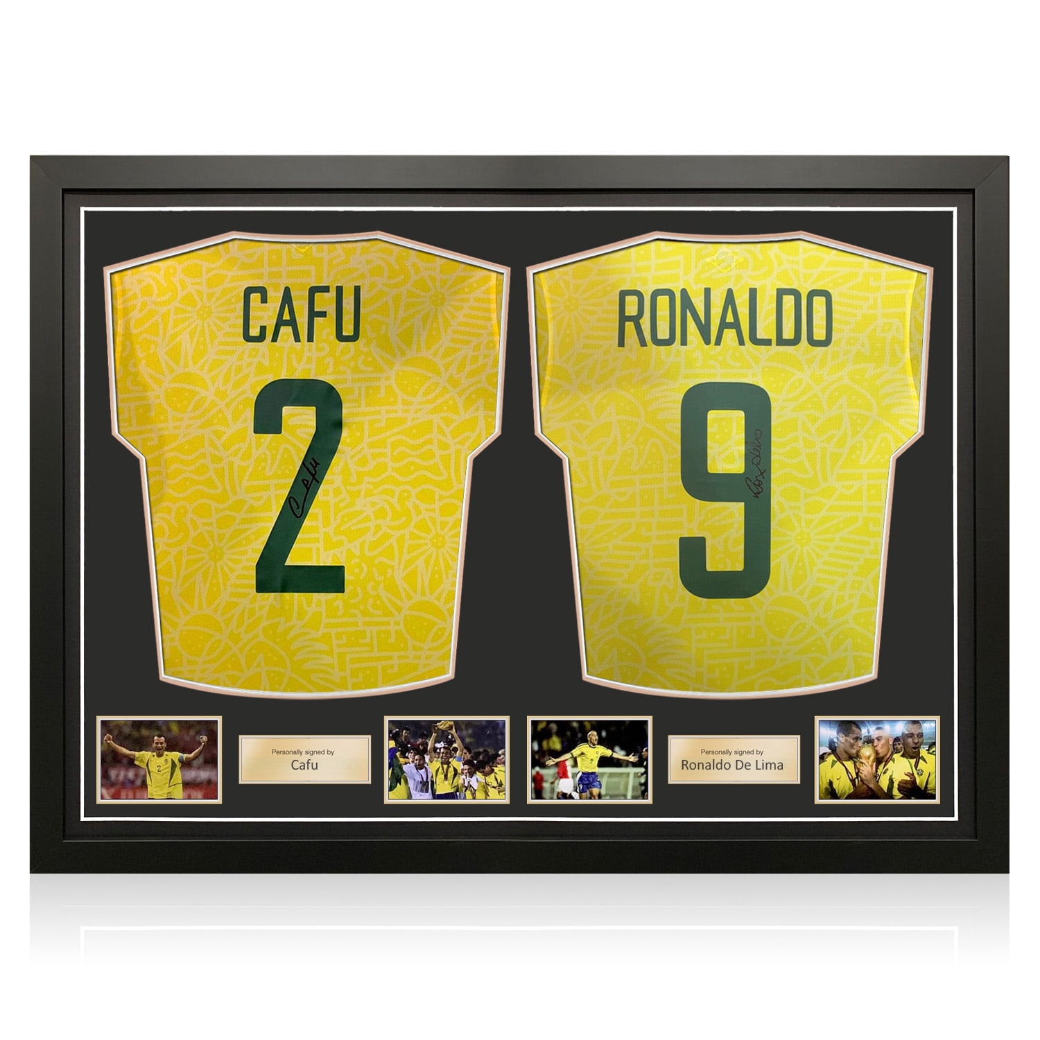 Cafu And Ronaldo De Lima Signed Brazil 2024 Football Shirts. Dual Frame Gold
