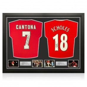 Eric Cantona And Paul Scholes Signed Manchester United 2022-23 Football Shirts. Dual Frame