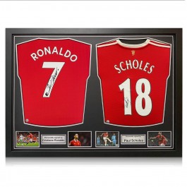 Cristiano Ronaldo And Paul Scholes Signed Manchester United Football Shirts. Dual Frame