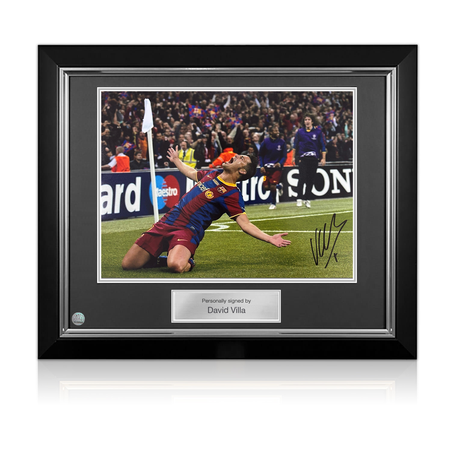 David Villa Signed Barcelona Football Photo: 2011 Final Goal. Deluxe Frame