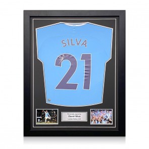 David Silva Signed Manchester City 2017-18 Football Shirt. Standard Frame