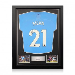 David Silva Signed Manchester City 2019-20 Home Shirt. Standard Frame