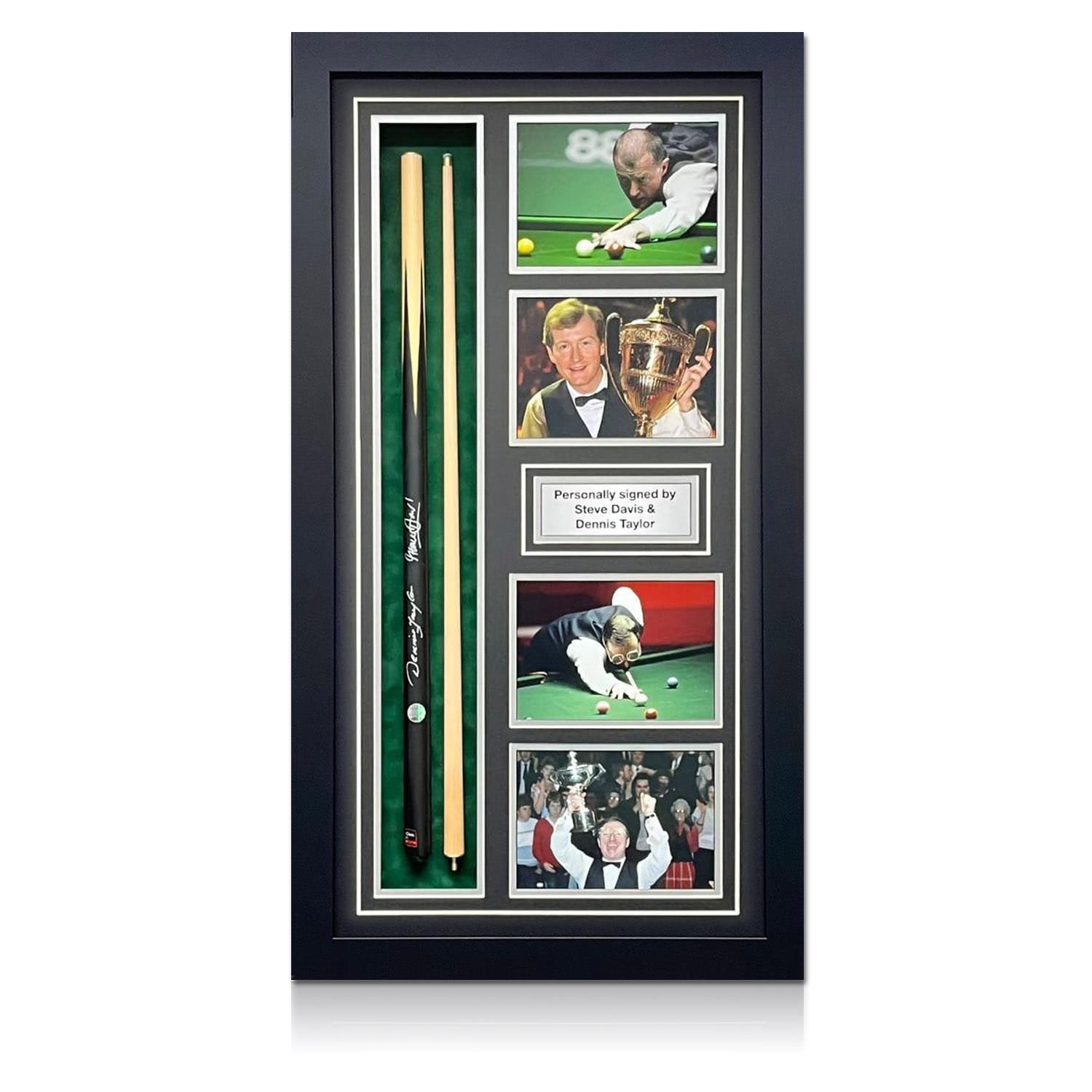 Steve Davis And Dennis Taylor Signed Snooker Cue. Framed