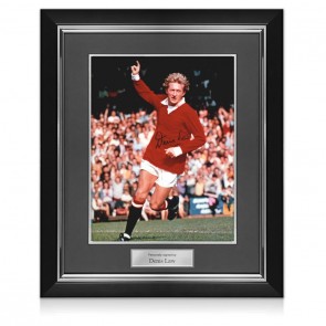 Denis Law Signed Manchester United Football Photo. Deluxe Frame