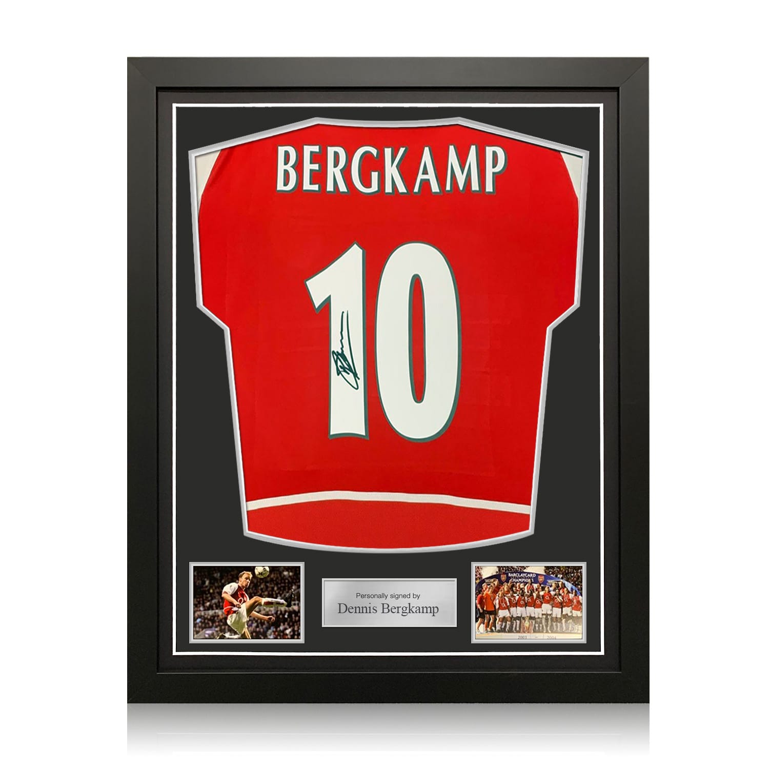 Dennis Bergkamp Signed Arsenal Original 2002-04 Football Shirt (Fan Style Print). Standard Frame