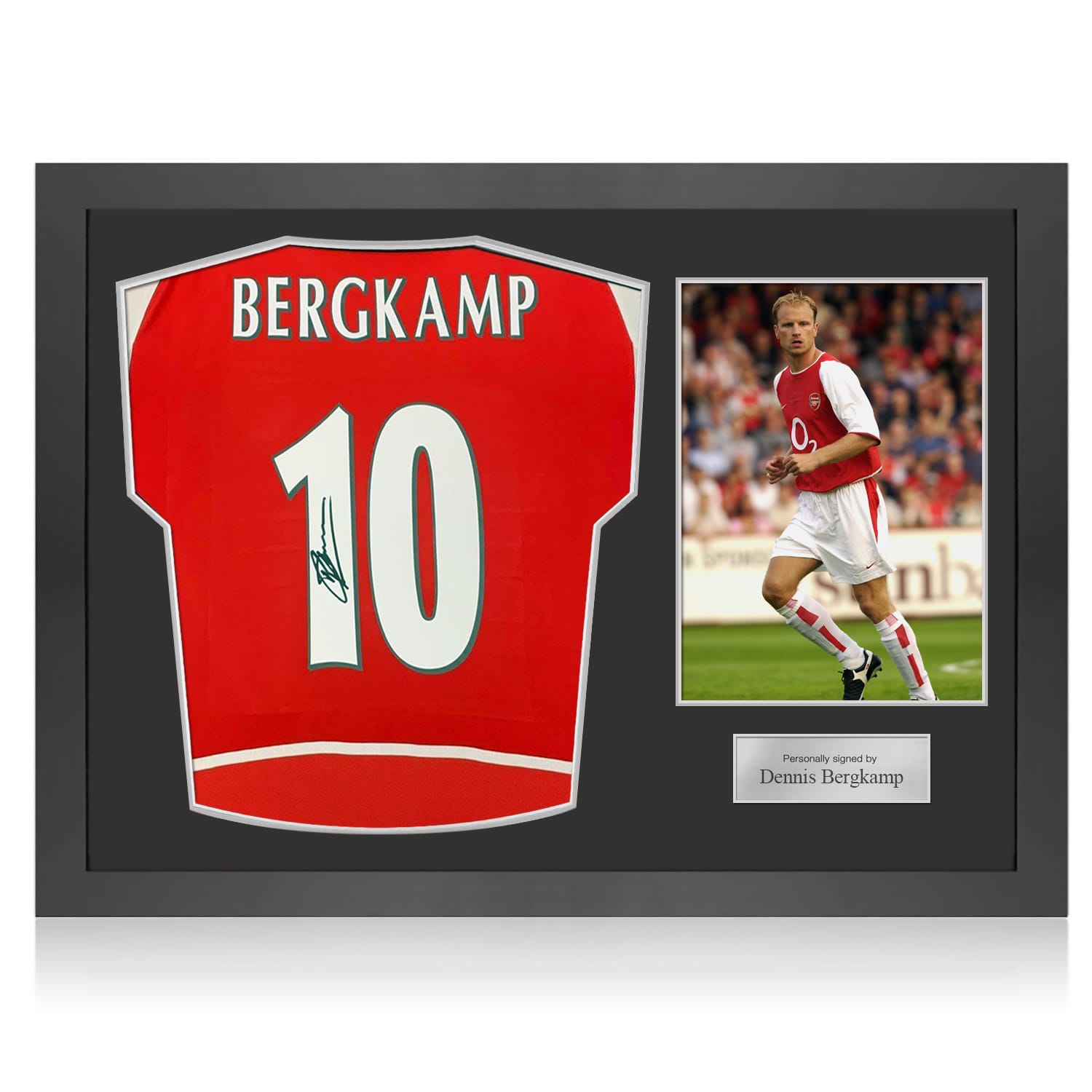 Dennis Bergkamp Signed Arsenal Original 2002-04 Football Shirt (Fan Style Print). Icon Frame