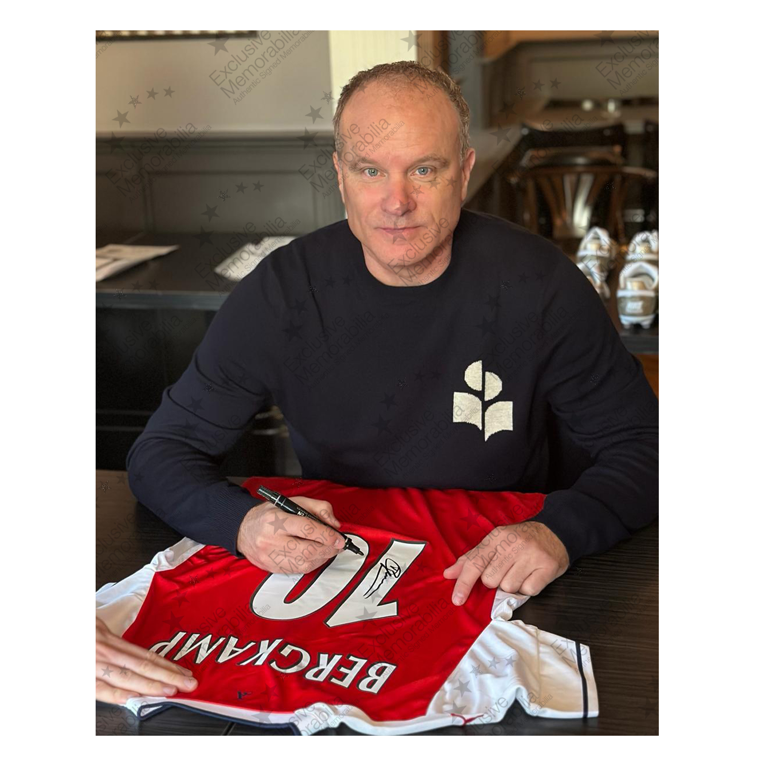 Dennis Bergkamp Signed Arsenal Football Shirt. Damaged F