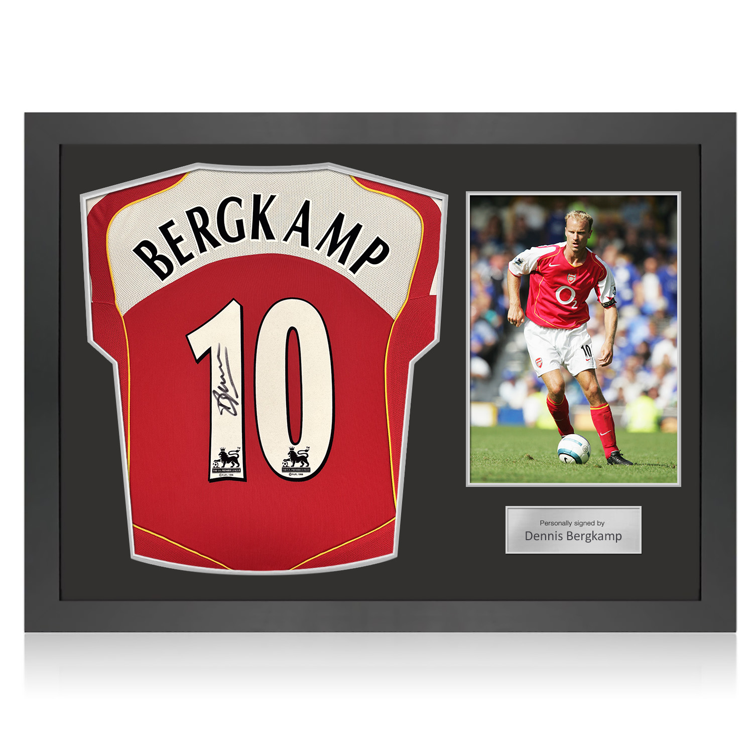Dennis Bergkamp Signed Arsenal Original 2004-05 Football Shirt (Original Print). Icon Frame