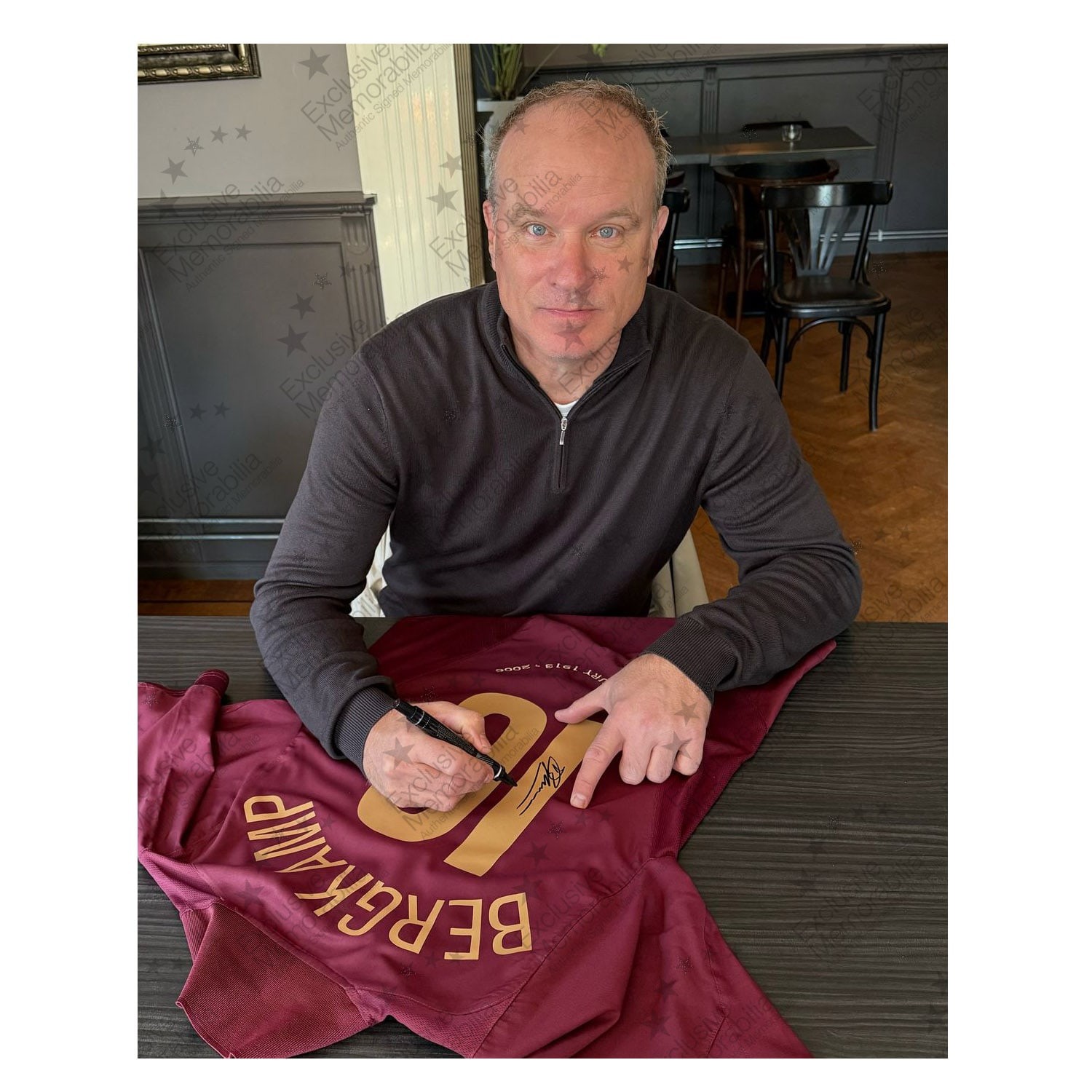 Dennis Bergkamp Signed Original Arsenal 2005-06 Commemorative Highbury Football Shirt. Superior Frame 