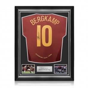 Dennis Bergkamp Signed Arsenal Original 2005-06 Commemorative Highbury Football Shirt. Superior Frame