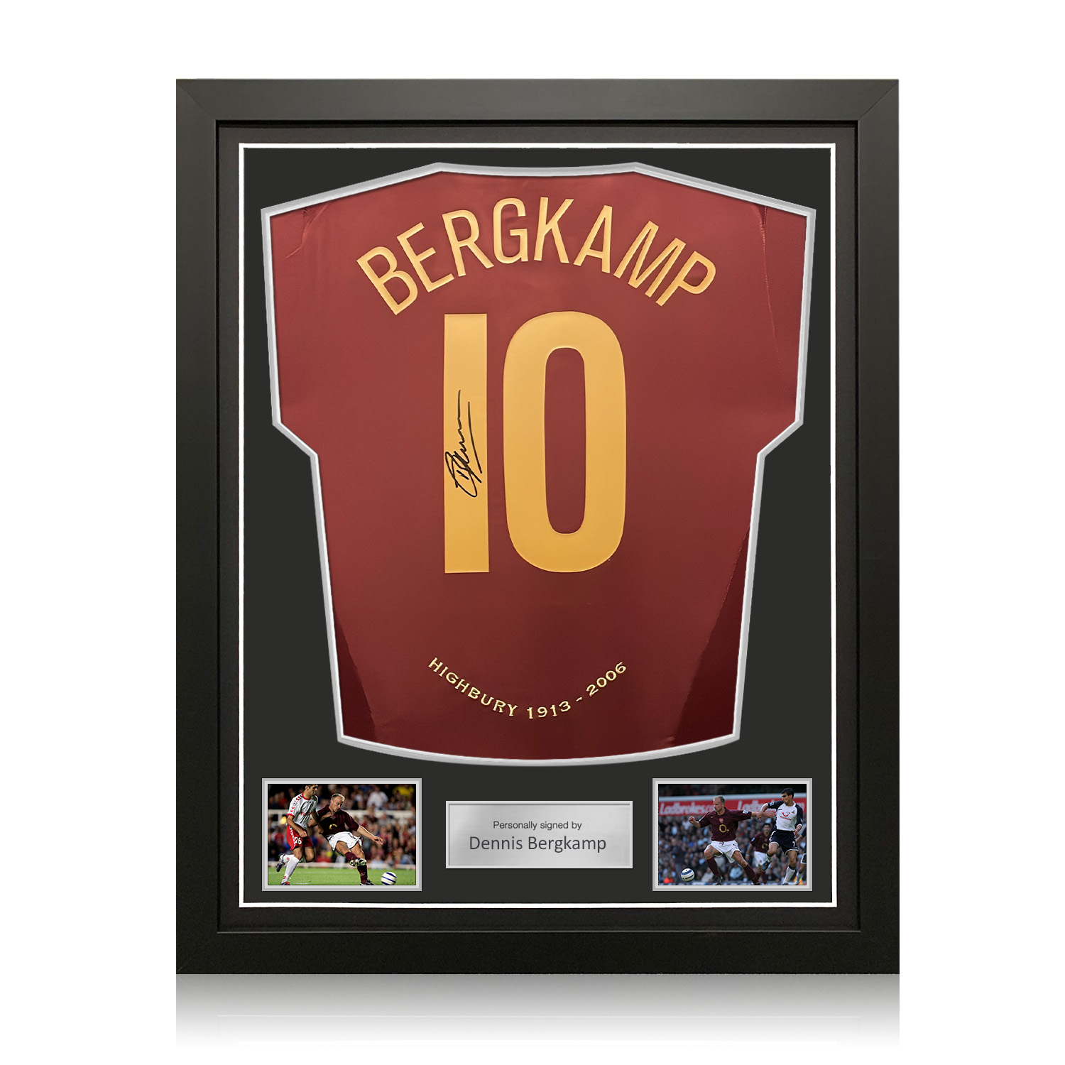 Dennis Bergkamp Signed Arsenal Original 2005-06 Commemorative Highbury Football Shirt. Standard Frame