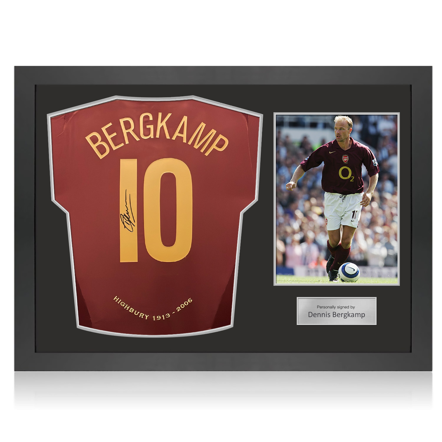 Dennis Bergkamp Signed Arsenal Original 2005-06 Commemorative Highbury Football Shirt. Icon Frame