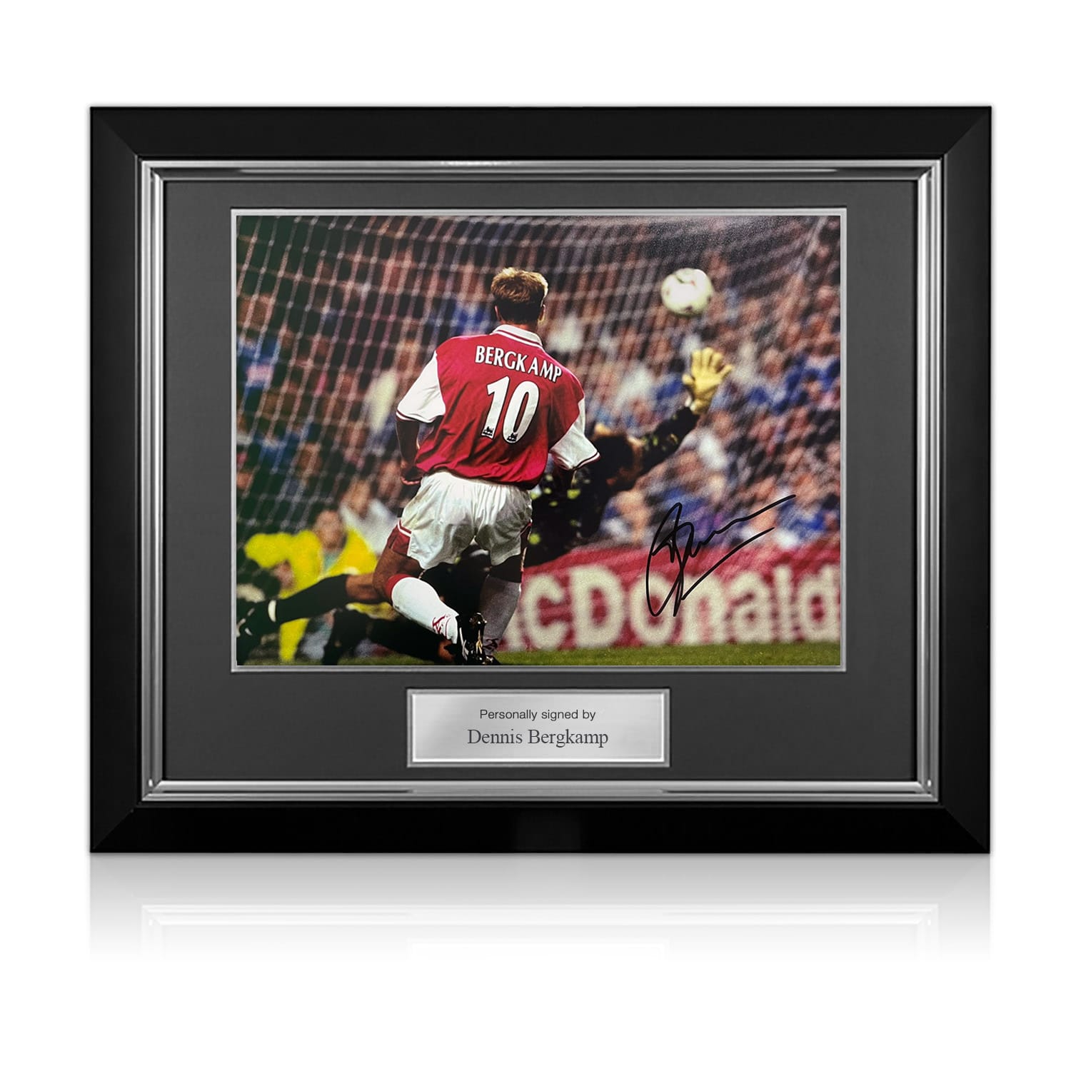 Dennis Bergkamp Signed Arsenal Football Photo: Hat-Trick vs Leicester. Deluxe Frame
