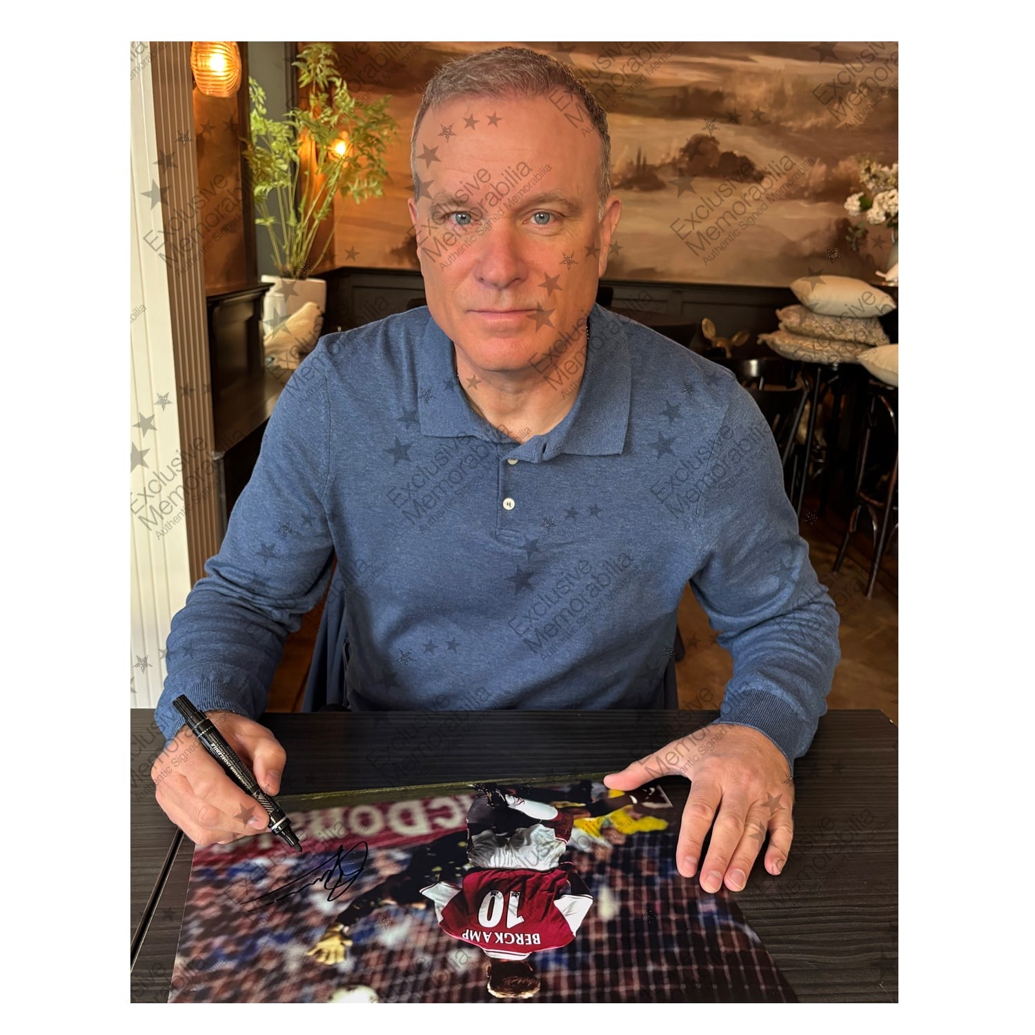 Dennis Bergkamp Signed Arsenal Football Photo: Hat-Trick vs Leicester. Deluxe Frame