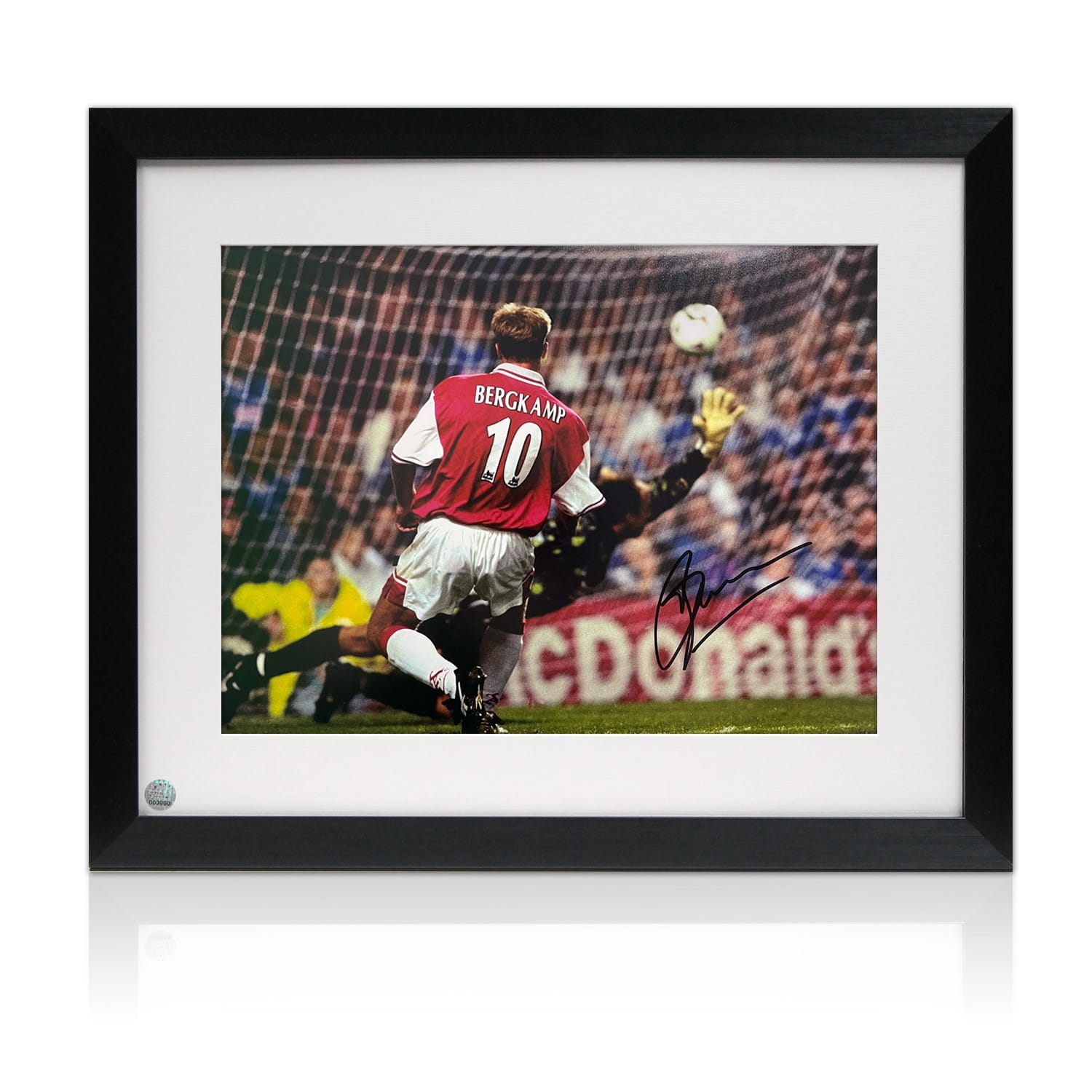 Dennis Bergkamp Signed Arsenal Football Photo: Hat-Trick vs Leicester. Framed
