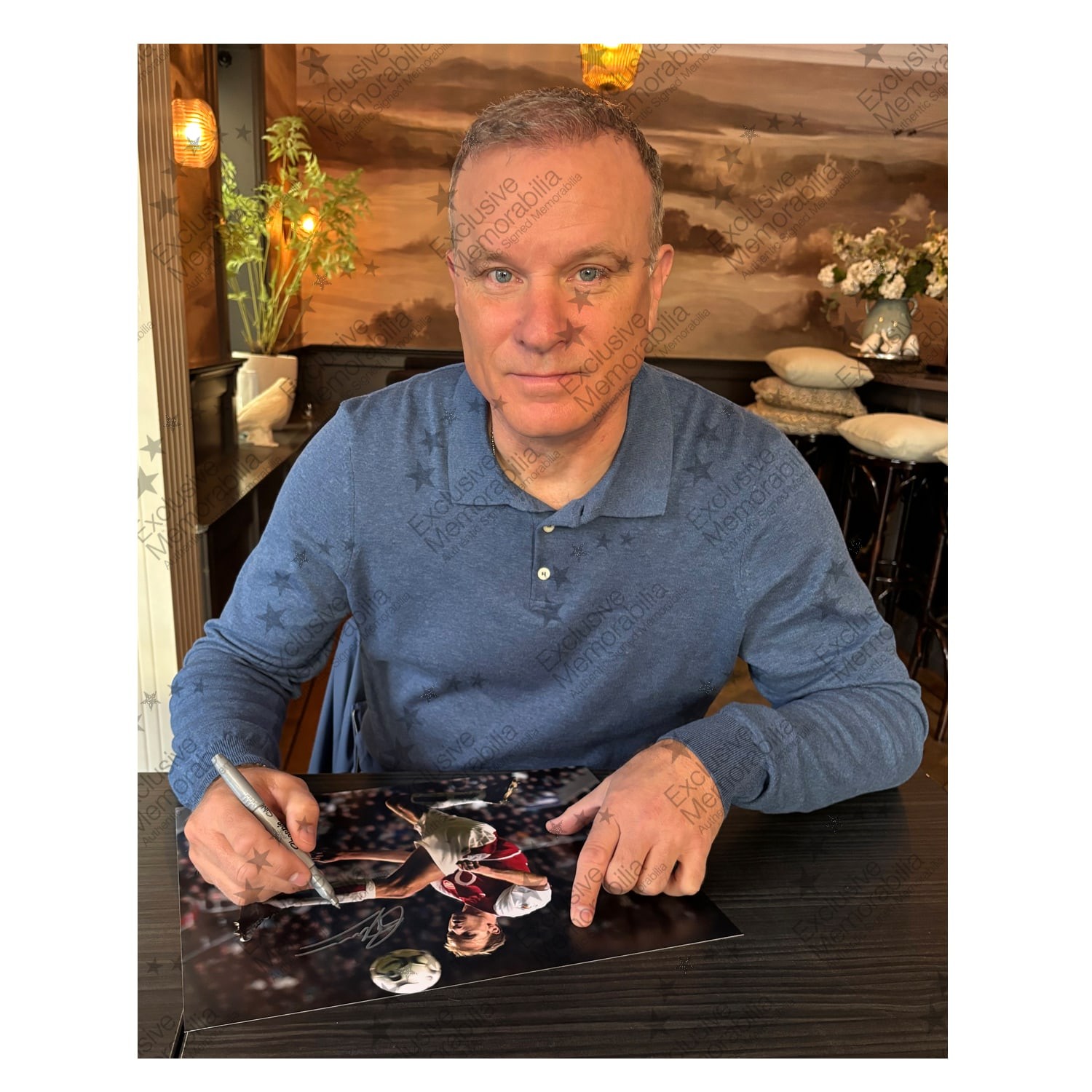 Dennis Bergkamp Signed Arsenal Football Photo: The Statue. Deluxe Frame