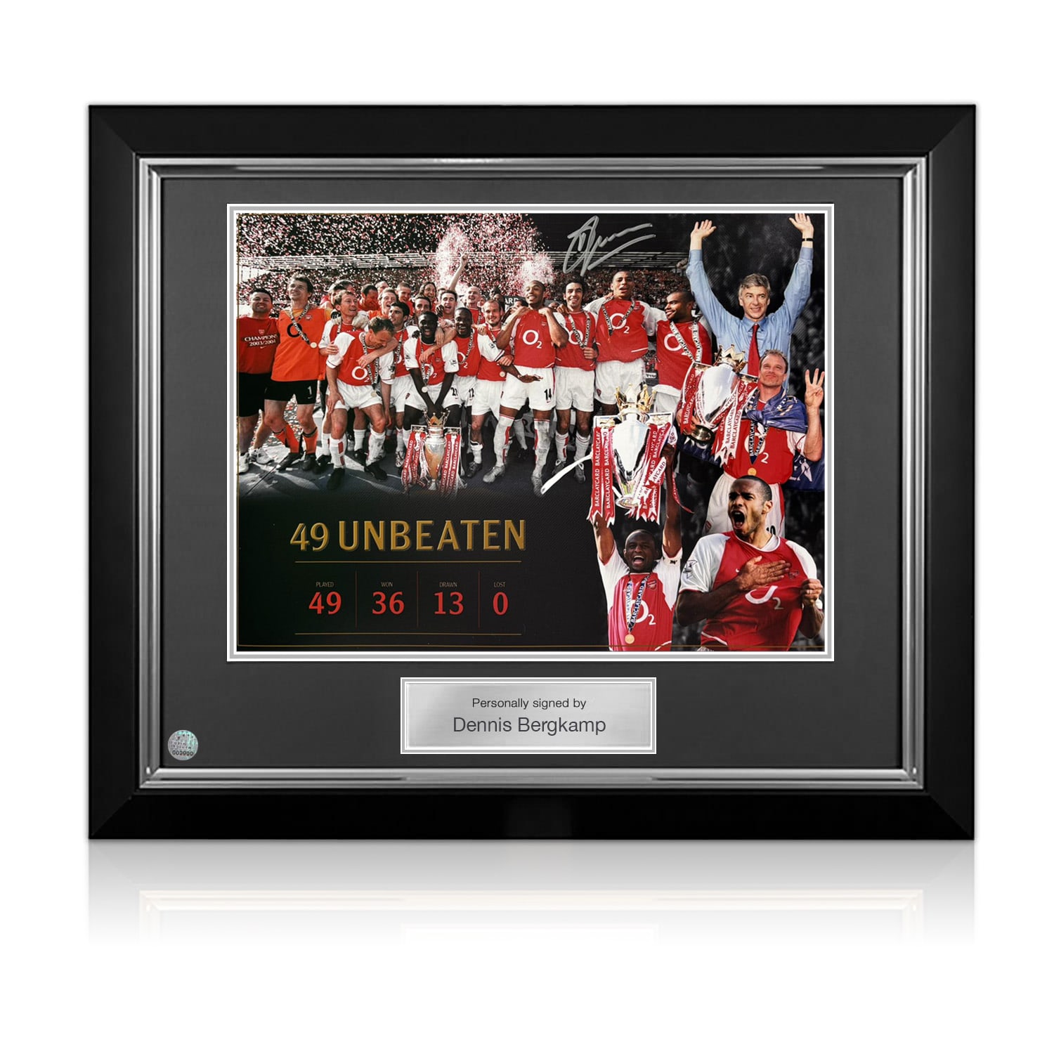 Dennis Bergkamp Signed Arsenal Football Photo: 49 Games Unbeaten. Deluxe Frame