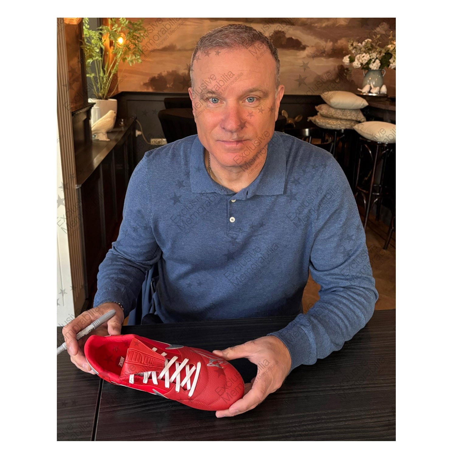 Dennis Bergkamp Signed Red Football Boot. Display Case With Plaque