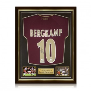 Dennis Bergkamp Signed Arsenal Commemorative Highbury Polo Shirt. Superior Frame